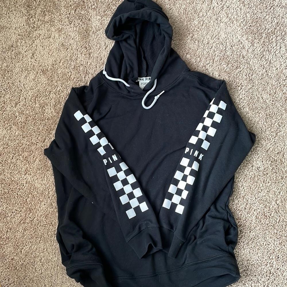Victoria’s Secret pink oversized black hoodie with checkered print